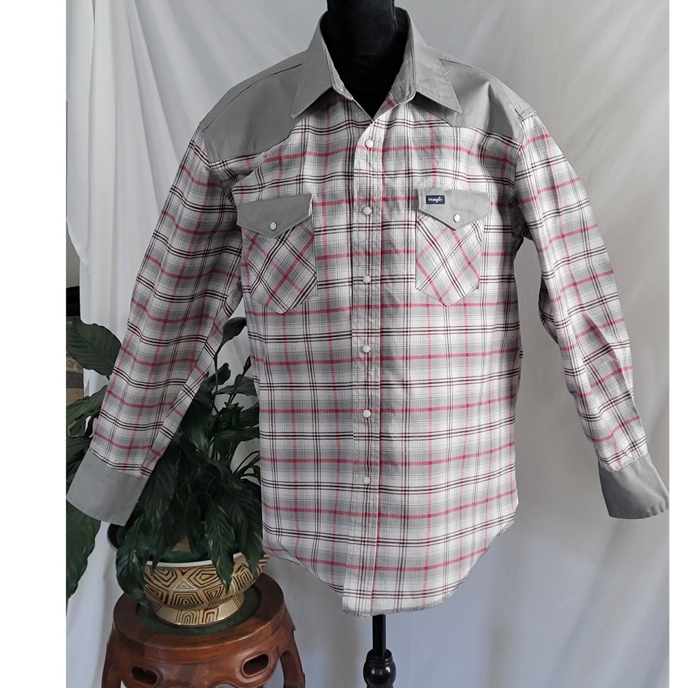 Wrangler Mens XXL Western Snap Plaid Shirt Grey Red Long Sleeve